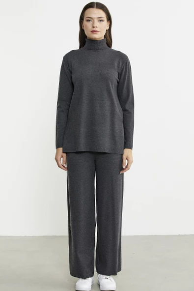 Tam Balıkçı Yaka Kazak Pantolon Triko Takım - Antrasit - 2