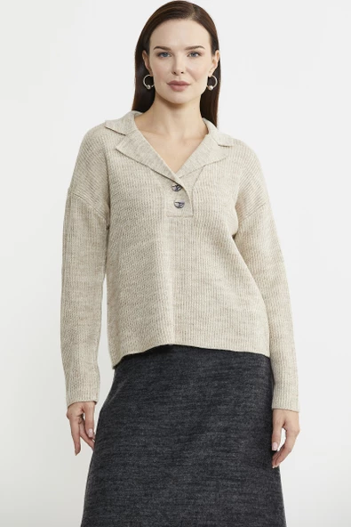 Gömlek Yaka Düğmeli Yünlü Triko Kazak - Bej - 2