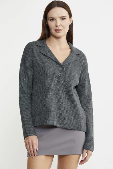Gömlek Yaka Düğmeli Yünlü Triko Kazak - Gri - 2