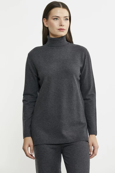 Tam Balıkçı Yaka Kazak Pantolon Triko Takım - Antrasit - 4