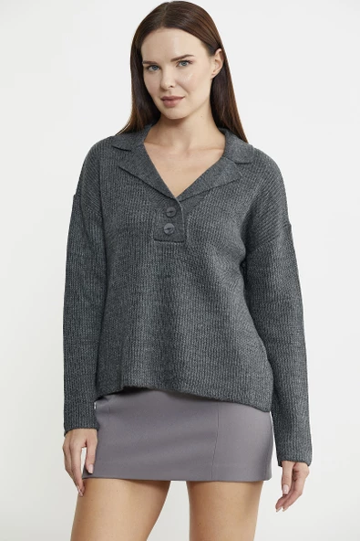 Gömlek Yaka Düğmeli Yünlü Triko Kazak - Gri - 5