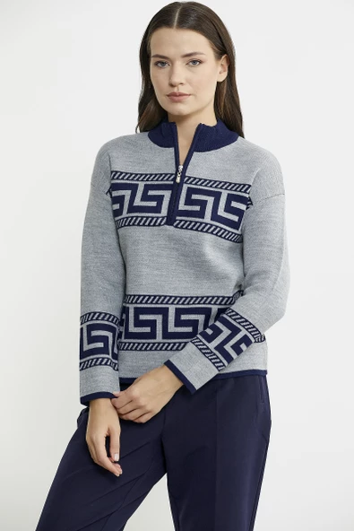 Blok Desenli Dik Yaka Triko Kazak - Gri - Resim 5