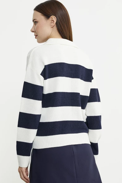 Açık Polo Yaka Çizgili Yünlü Triko Kazak - Kemik - Resim 6
