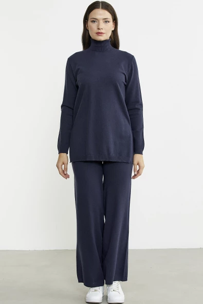 Tam Balıkçı Yaka Kazak Pantolon Triko Takım - Lacivert - 2