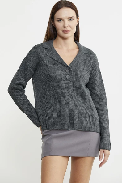 Gömlek Yaka Düğmeli Yünlü Triko Kazak - Gri