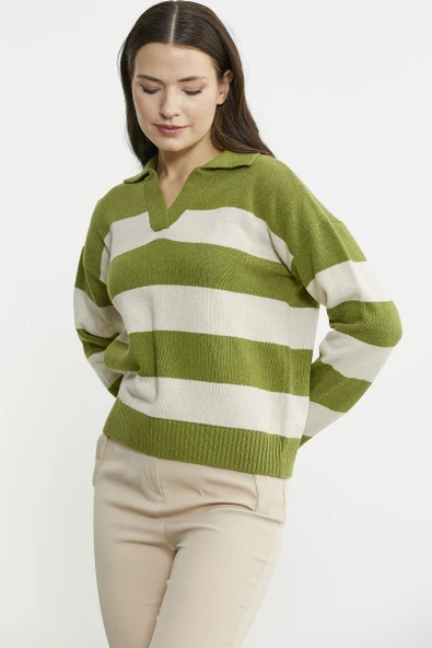 Açık Polo Yaka Çizgili Yünlü Triko Kazak - Yeşil - Resim 5