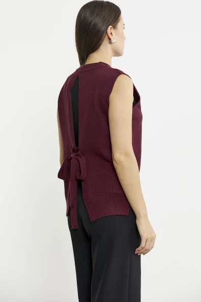Arkası Açık Bağlamalı Yünlü Triko Süveter - Bordo - 6