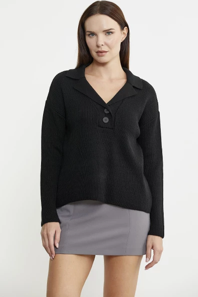 Gömlek Yaka Düğmeli Yünlü Triko Kazak - Siyah - 3