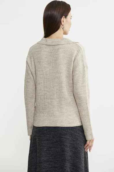 Gömlek Yaka Düğmeli Yünlü Triko Kazak - Bej - 5