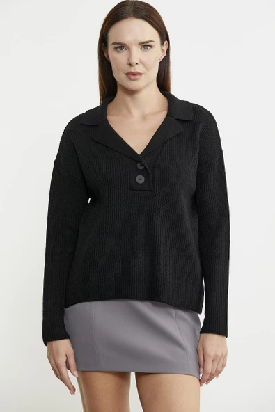 Gömlek Yaka Düğmeli Yünlü Triko Kazak - Siyah