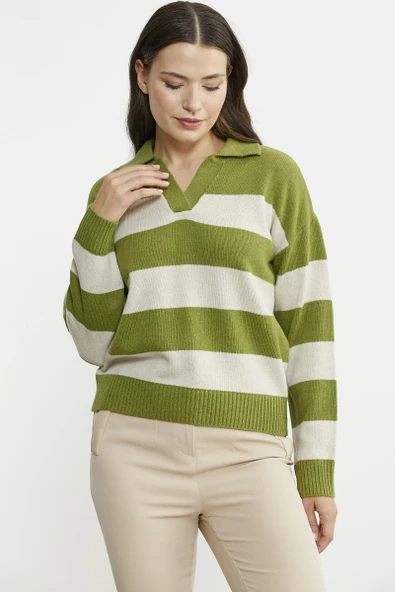Açık Polo Yaka Çizgili Yünlü Triko Kazak - Yeşil - Resim 3
