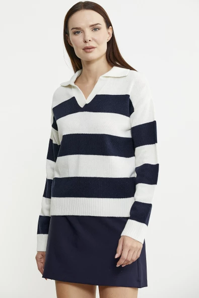 Açık Polo Yaka Çizgili Yünlü Triko Kazak - Kemik - Resim 4