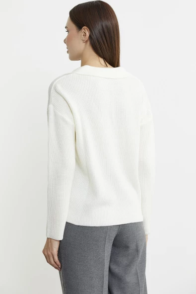 Gömlek Yaka Düğmeli Yünlü Triko Kazak - Kemik - 5