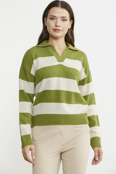 Açık Polo Yaka Çizgili Yünlü Triko Kazak - Yeşil - Resim 2