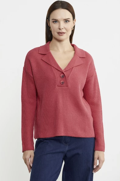 Gömlek Yaka Düğmeli Yünlü Triko Kazak - Mercan