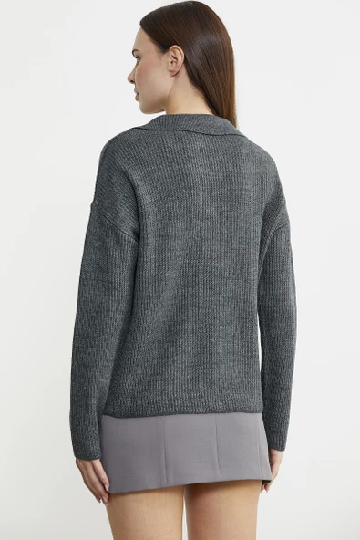 Gömlek Yaka Düğmeli Yünlü Triko Kazak - Gri - 6