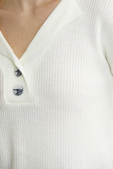 Gömlek Yaka Düğmeli Yünlü Triko Kazak - Kemik - 4