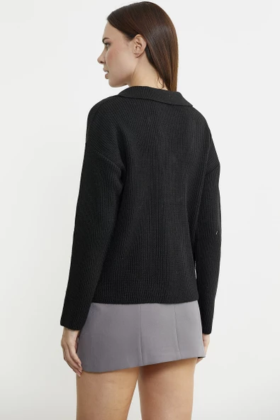 Gömlek Yaka Düğmeli Yünlü Triko Kazak - Siyah - 5