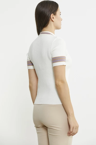 Polo Yaka Düğmeli Kısa Kol Triko Kazak - Kemik - Resim 4