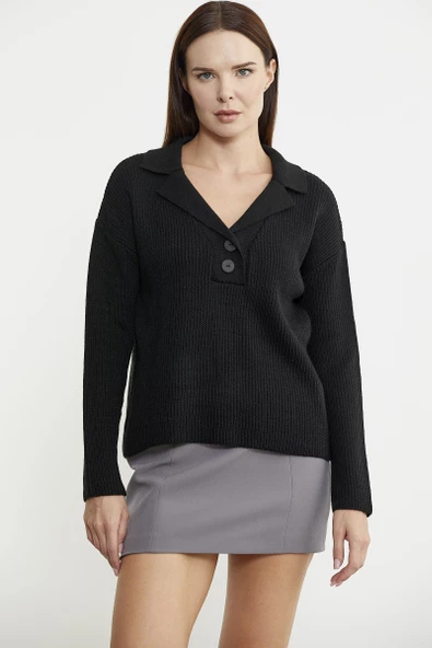 Gömlek Yaka Düğmeli Yünlü Triko Kazak - Siyah - 2