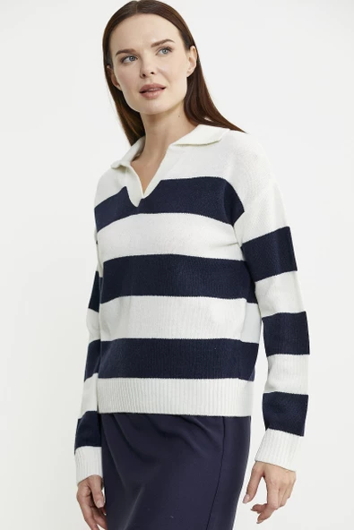 Açık Polo Yaka Çizgili Yünlü Triko Kazak - Kemik - Resim 5