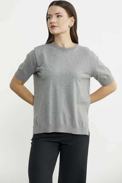 Sıfır Yaka Kısa Kol Triko Kazak - Açık Gri - Resim 2