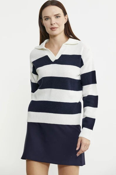 Açık Polo Yaka Çizgili Yünlü Triko Kazak - Kemik - Resim 2