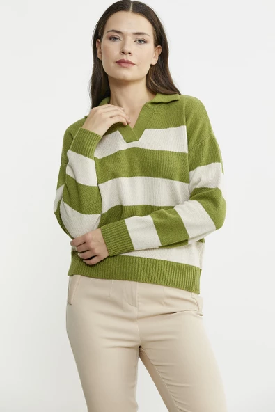 Açık Polo Yaka Çizgili Yünlü Triko Kazak - Yeşil - Resim 4