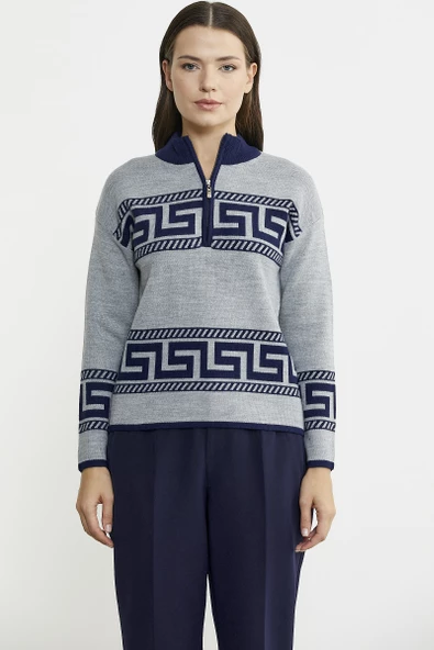 Blok Desenli Dik Yaka Triko Kazak - Gri - Resim 2