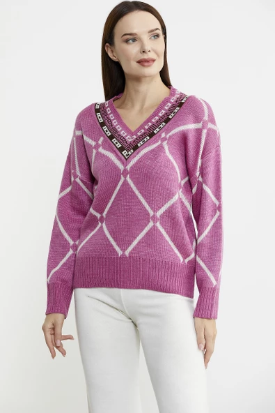 Jakarlı Çok Desenli Yünlü Triko Kazak - Gül - Resim 3