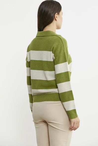 Açık Polo Yaka Çizgili Yünlü Triko Kazak - Yeşil - Resim 6
