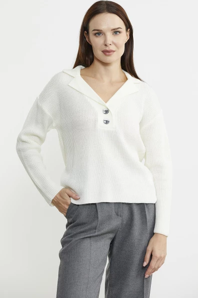 Gömlek Yaka Düğmeli Yünlü Triko Kazak - Kemik