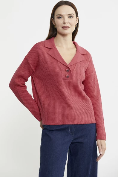 Gömlek Yaka Düğmeli Yünlü Triko Kazak - Mercan - 4