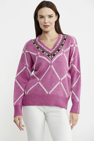 Jakarlı Çok Desenli Yünlü Triko Kazak - Gül - Resim 2