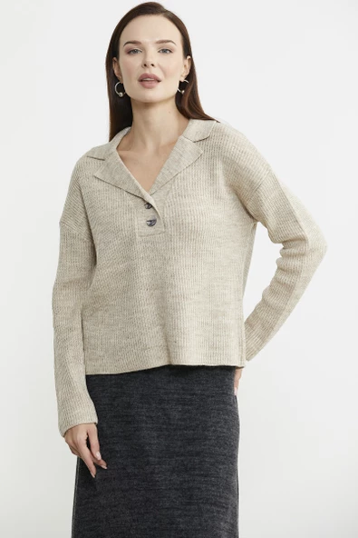 Gömlek Yaka Düğmeli Yünlü Triko Kazak - Bej - 4