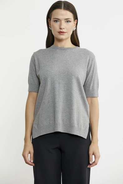 Sıfır Yaka Kısa Kol Triko Kazak - Açık Gri - Resim 3