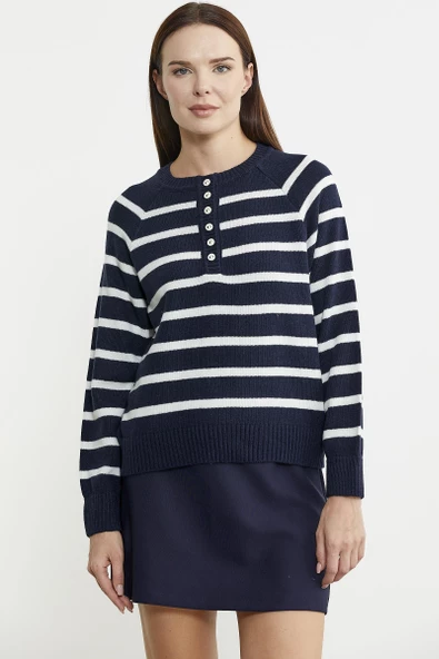 Yaka Düğmeli Çizgili Yünlü Triko Kazak - Lacivert - Resim 3