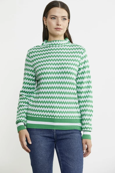 Çift Renk Kazayağı Desenli Triko Kazak - Yeşil - Resim 2