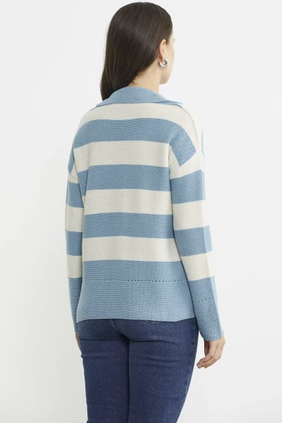 Açık Polo Yaka Çizgili Yünlü Triko Kazak - Mavi - 6