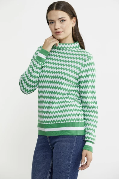 Çift Renk Kazayağı Desenli Triko Kazak - Yeşil - Resim 4