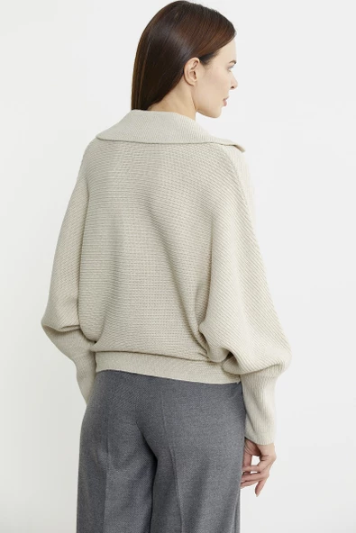 Yarasa Kol Polo Yaka Yünlü Triko Kazak - Taş - Resim 6