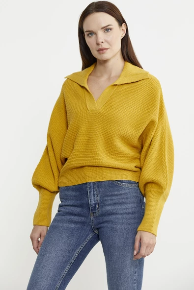 Yarasa Kol Polo Yaka Yünlü Triko Kazak - Sarı - Resim 4