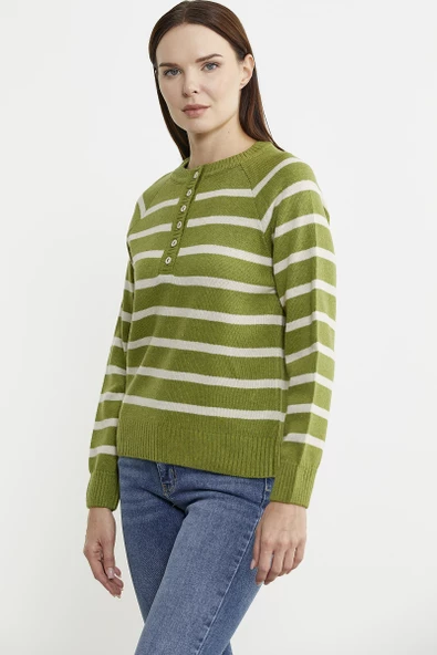 Yaka Düğmeli Çizgili Yünlü Triko Kazak - Yeşil - 3