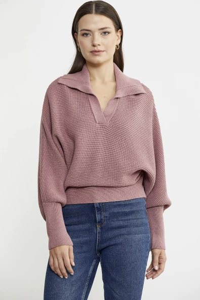 Yarasa Kol Polo Yaka Yünlü Triko Kazak - Gül