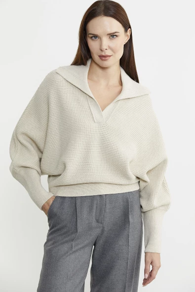 Yarasa Kol Polo Yaka Yünlü Triko Kazak - Taş - Resim 3