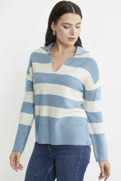 Açık Polo Yaka Çizgili Yünlü Triko Kazak - Mavi - 5