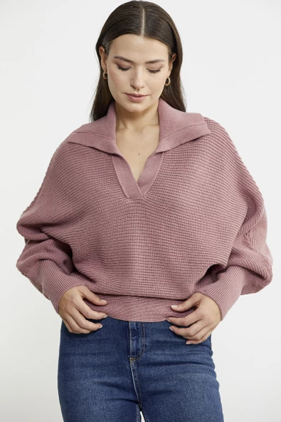 Yarasa Kol Polo Yaka Yünlü Triko Kazak - Gül - 4