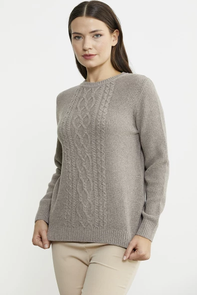 Sıfır Yaka Regular Fit Yünlü Triko Kazak - Vizon - Resim 4