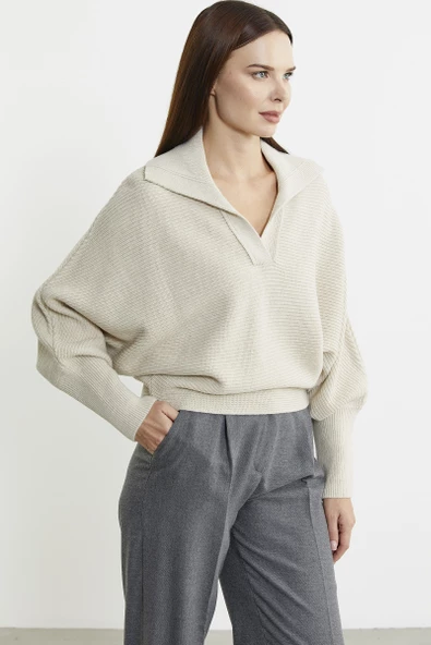 Yarasa Kol Polo Yaka Yünlü Triko Kazak - Taş - Resim 4