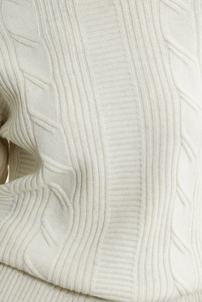 Saç Örgü Motifli Yünlü Triko Kazak - Açık Bej - Resim 4
